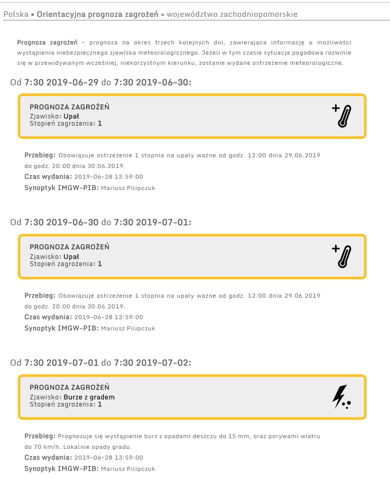 Ostrzeżenie meteorologiczne na dni 29-30.06.2019r. i 1-2.07.2019r.