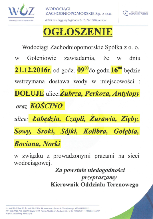 Planowane wstrzymanie dostawy wody w Dołujach