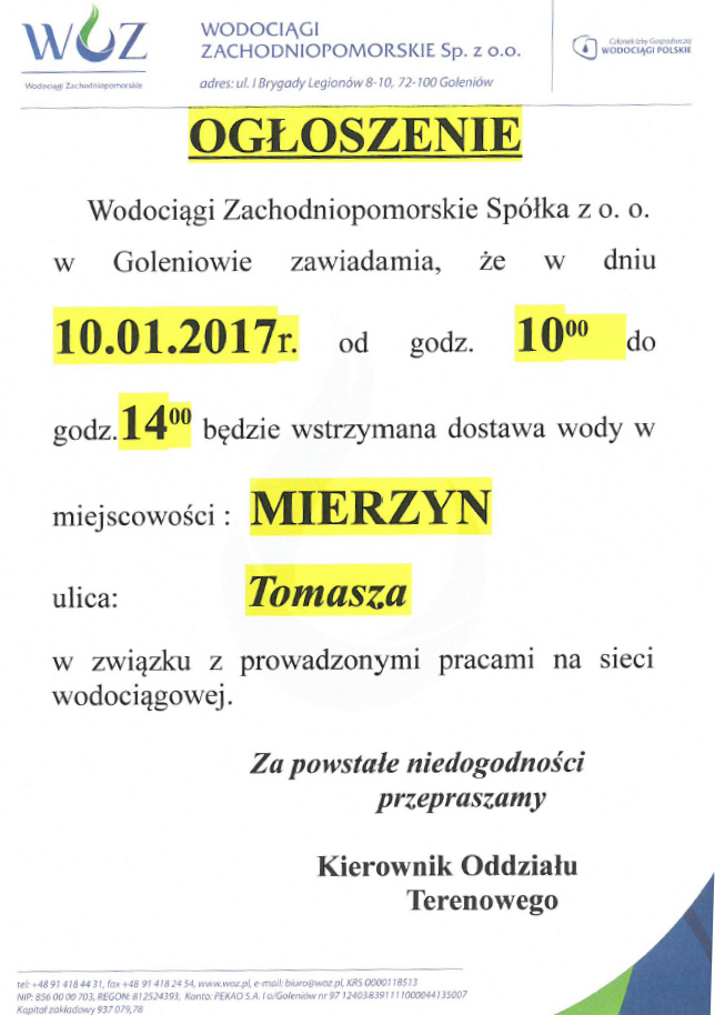 Wstrzymanie dostawy wody w Mierzynie na ul. Tomasza 