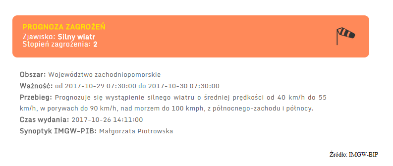 Ostrzeżenie meteorologiczne na dzień 29.10.2017r
