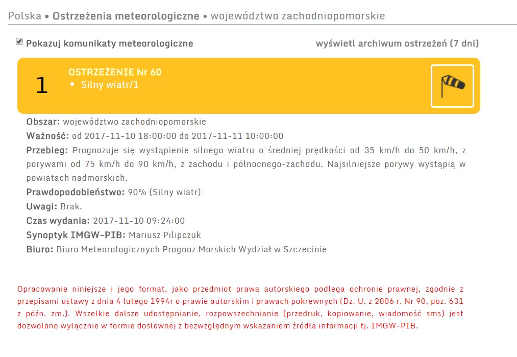 Ostrzeżenie meteorologiczne - silny wiatr 10-11.11.2017