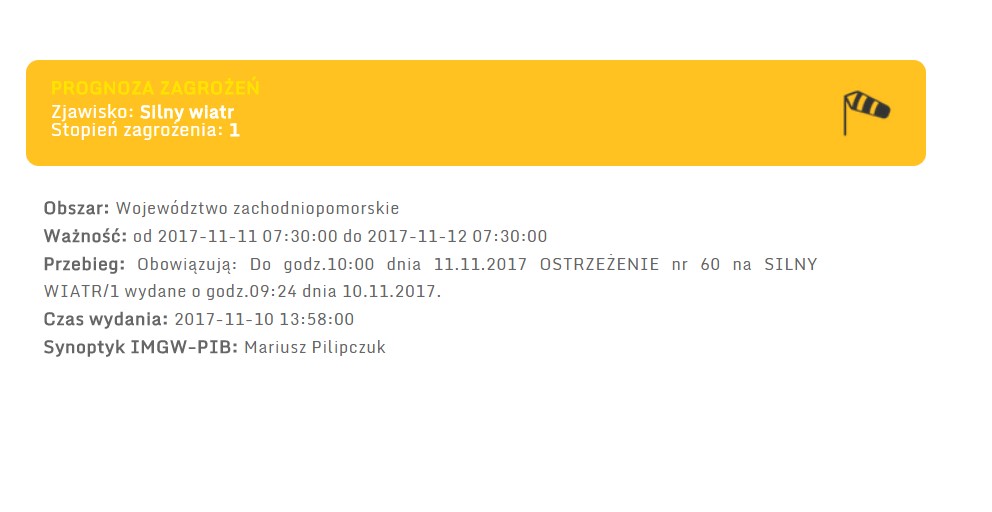 Ostrzeżenie meteorologiczne - silny wiatr 11-12.11.2017