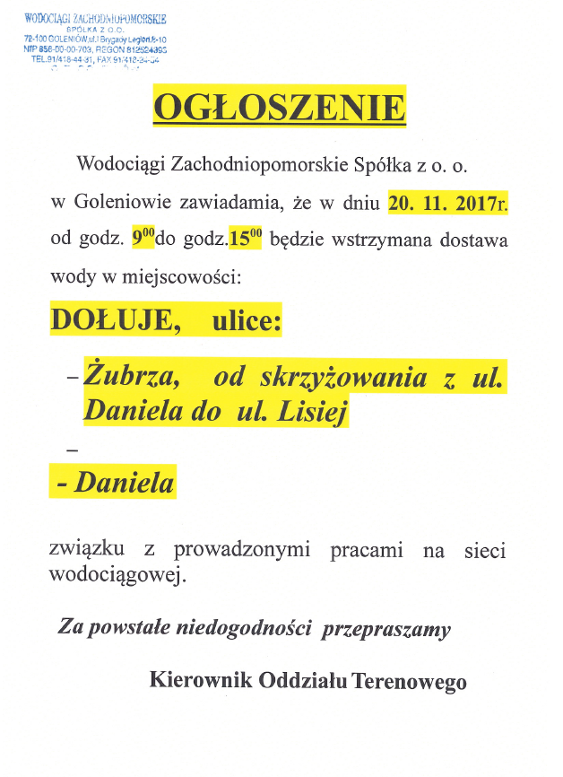 Wstrzymanie dostawy wody w Dołujach