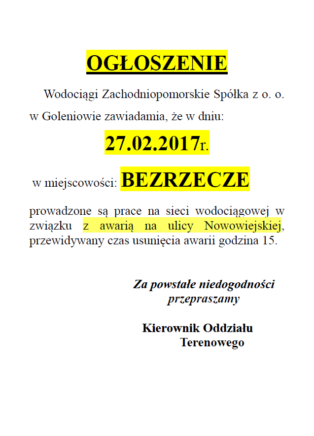 Awaria w Bezrzeczu