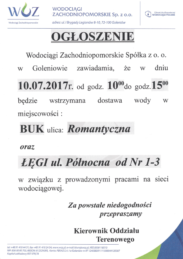 Wstrzymanie dostawy wody w Buku i Łęgach