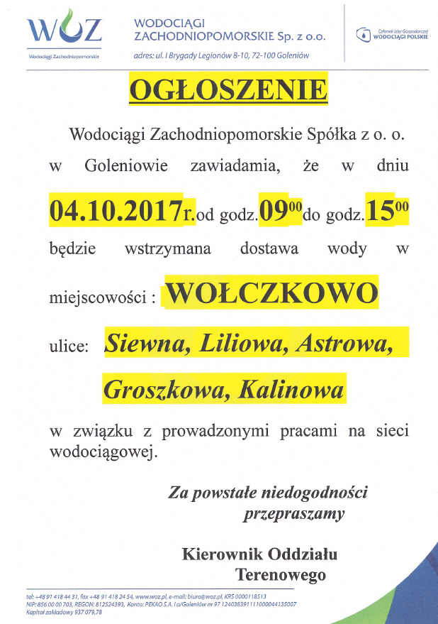 Wstrzymanie dostawy wody w Wołczkowie 4 października