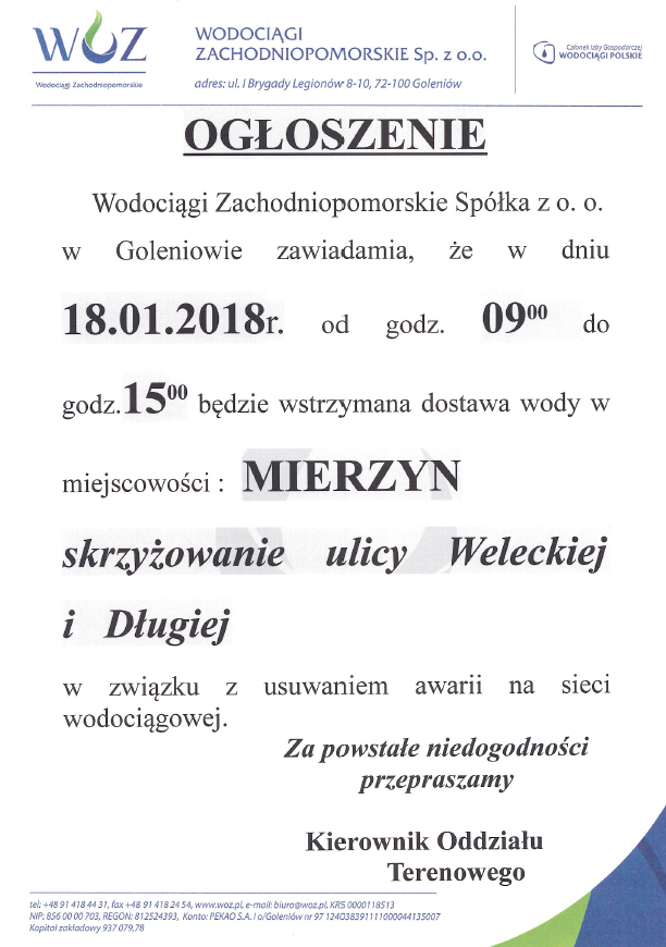 Wstrzymanie dostawy wody w Mierzynie