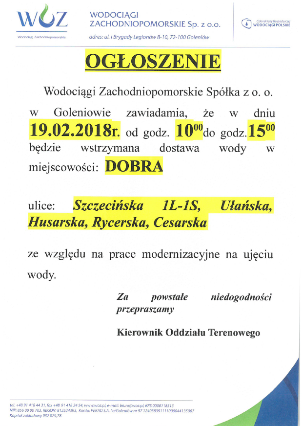 Wstrzymanie dostawy wody w Dobrej