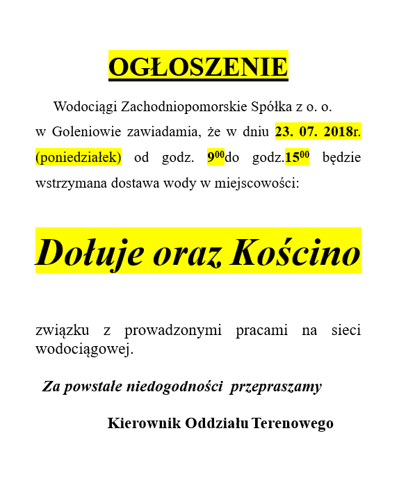 Wstrzymanie dostawy wody w Dołujach i Kościnie