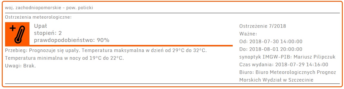 Ostrzeżenie meteorologiczne z dnia 31 lipca 2018