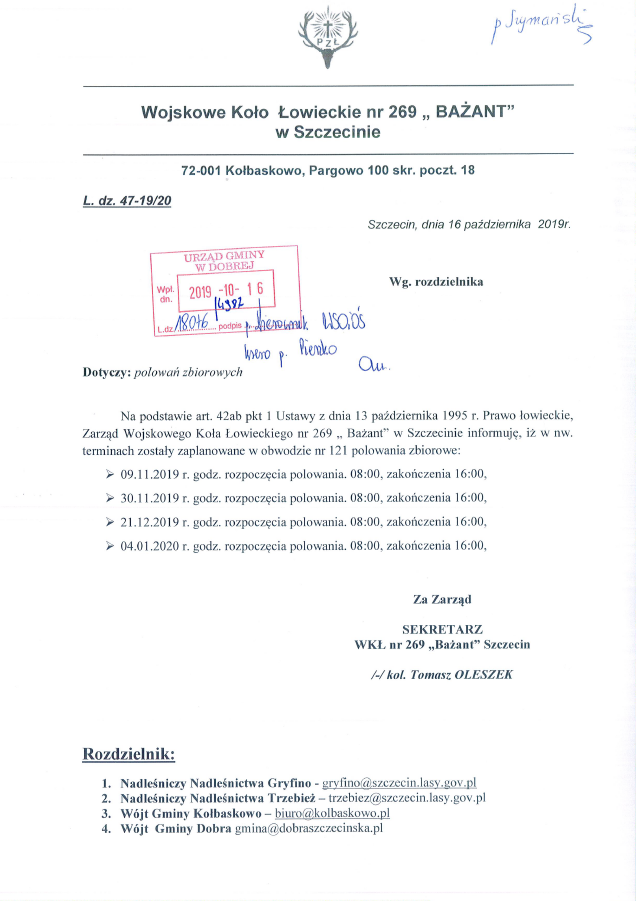 Plan polowań zbiorowych w sezonie Łowieckim 2019/2020 w Wojskowym Kole Łowieckim "Bażant" Szczecin obwód nr 121