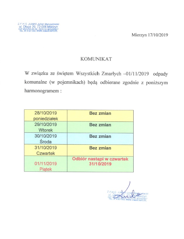 Zmiana harmonogramu wywozu odpadów komunalnych w związku ze Świętem Wszystkich Świętych
