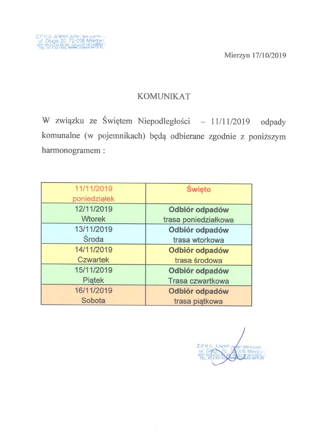 Zmiana wywozu odpadów komunalnych w związku ze Świętem Niepodległości