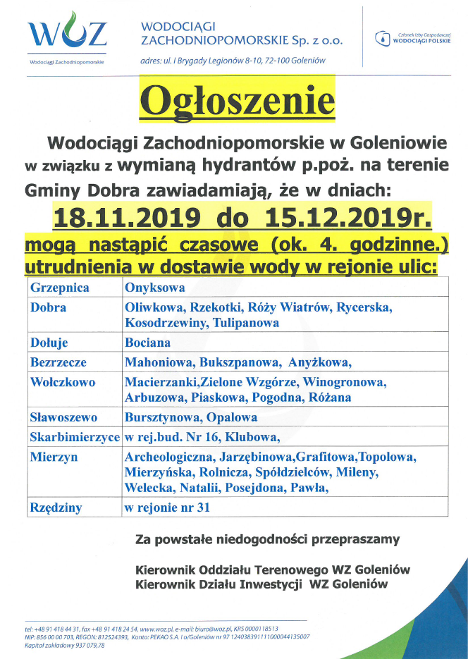Czasowe utrudnienia w dostawie wody w dniach 18.11.2019 - 15.12.2019