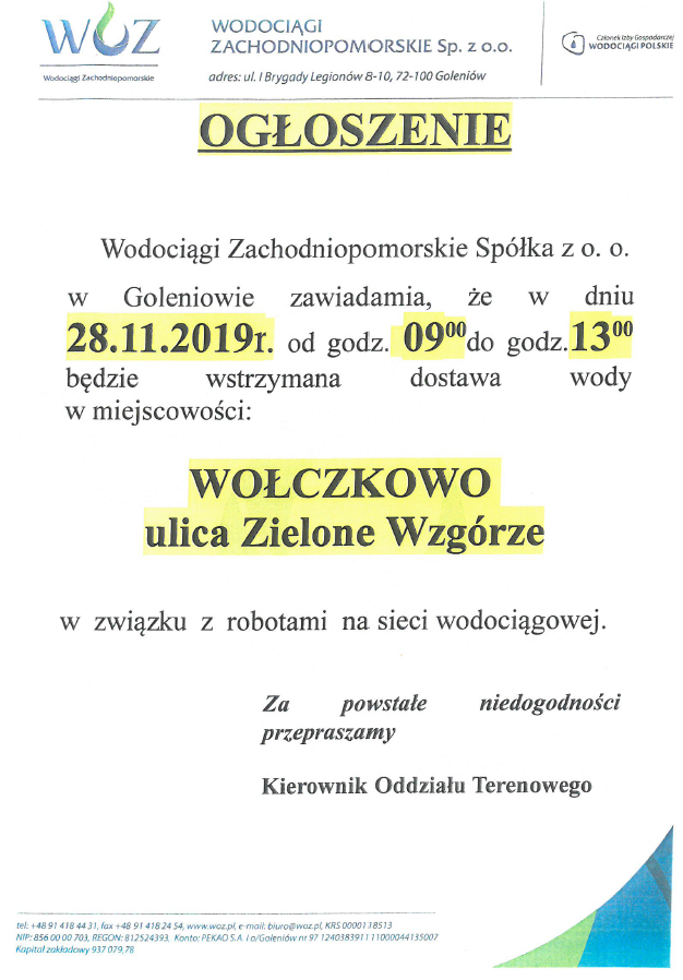 Wstrzymanie dostawy wody w Wołczkowie - 28.11.2019 r.