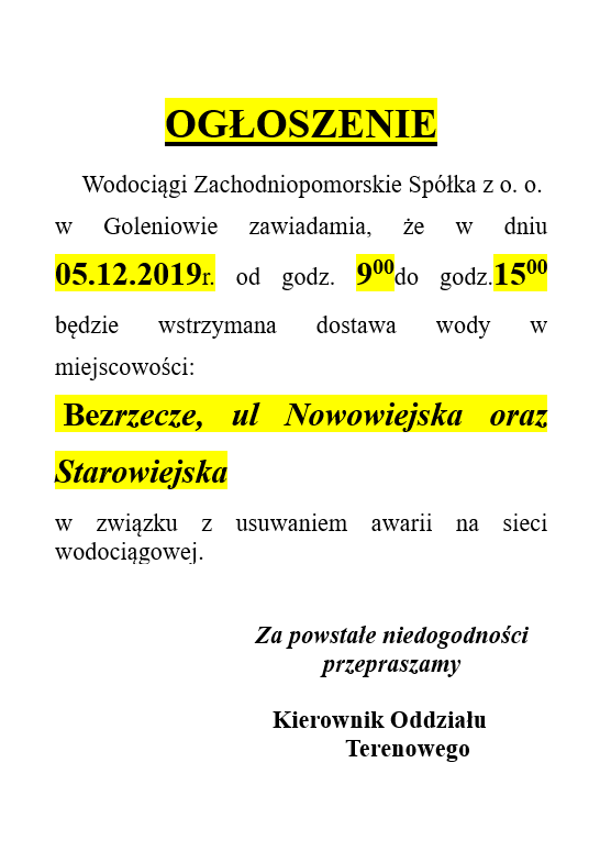 Wstrzymanie dostawy wody w Bezrzeczu - 5.12.2019r.