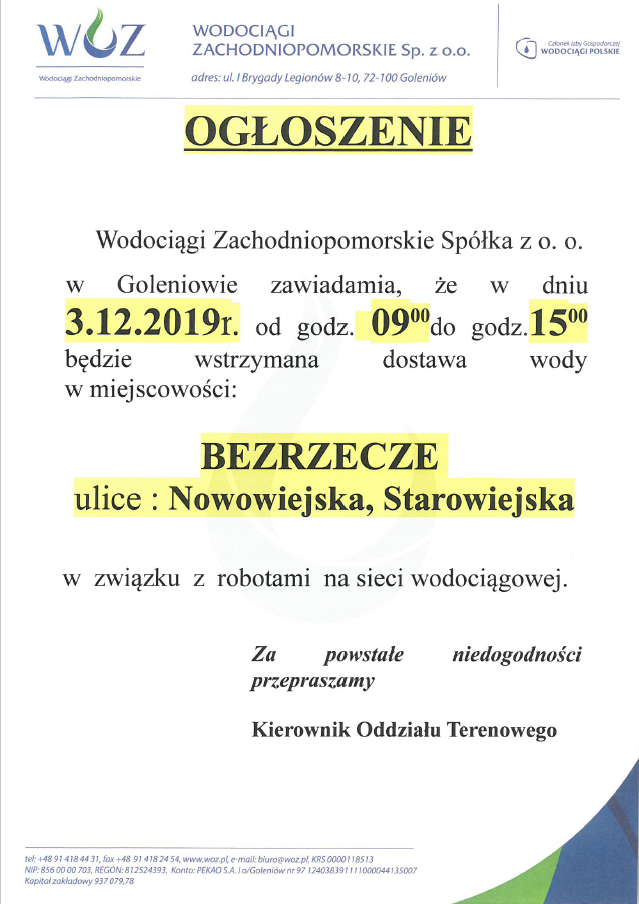 Wstrzymanie dostawy wody w Bezrzeczu - 3.12.2019 r.