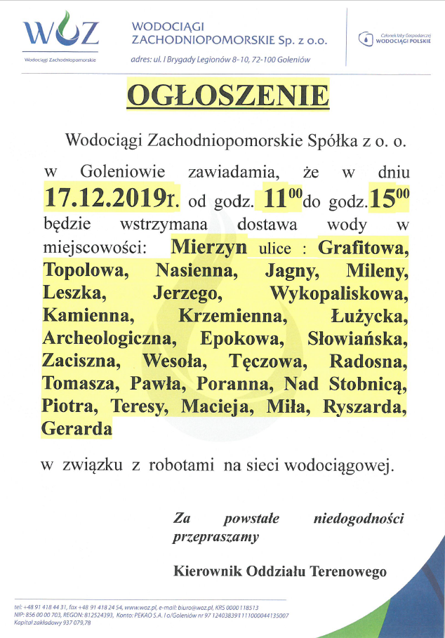 Wstrzymanie dostawy wody w Mierzynie - 17.12.2019 r.