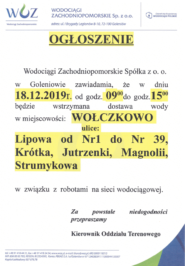 Wstrzymanie dostawy wody w Wołczkowie - 18.12.2019r.
