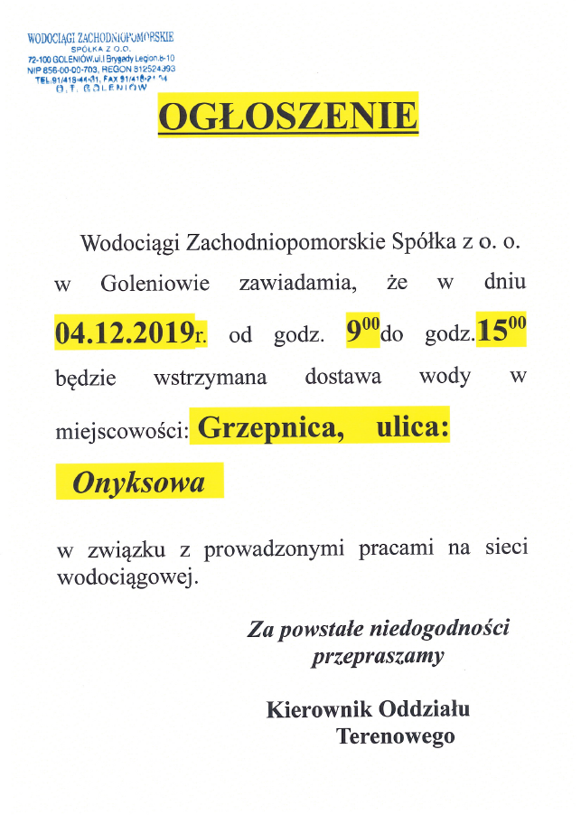 Wstrzymanie dostawy wody w Grzepnicy - 4.12.2019r.