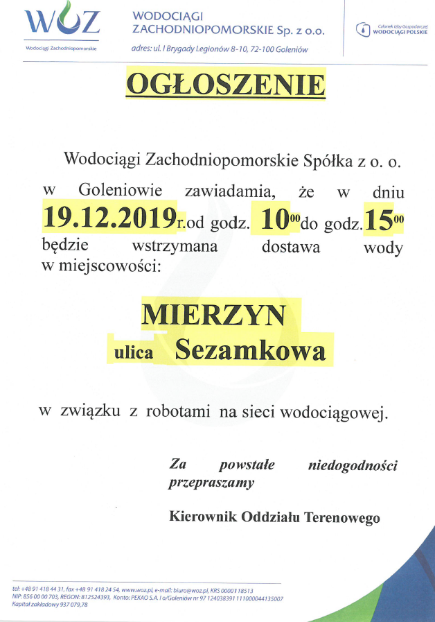 Wstrzymanie dostawy wody w Mierzynie - 19.12.2019r.