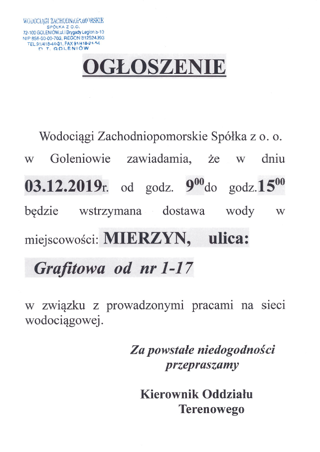 Wstrzymanie dostawy wody w Mierzynie - 03.12.2019 r.