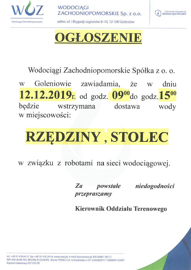 Wstrzymana dostawa wody Rzędzinach i Stolcu - 12.12.2019