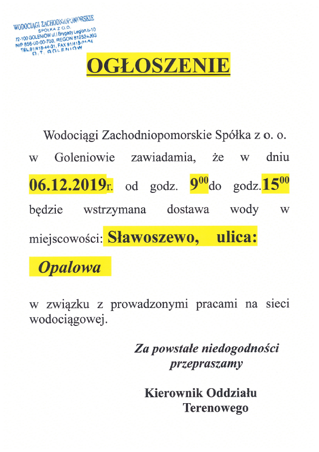 Wstrzymanie dostawy wody w Sławoszewie - 6.12.2019r.
