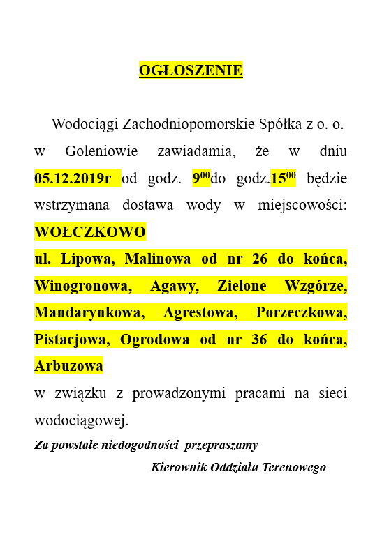 Wstrzymanie dostawy wody w Wołczkowie - 5.12.2019r.