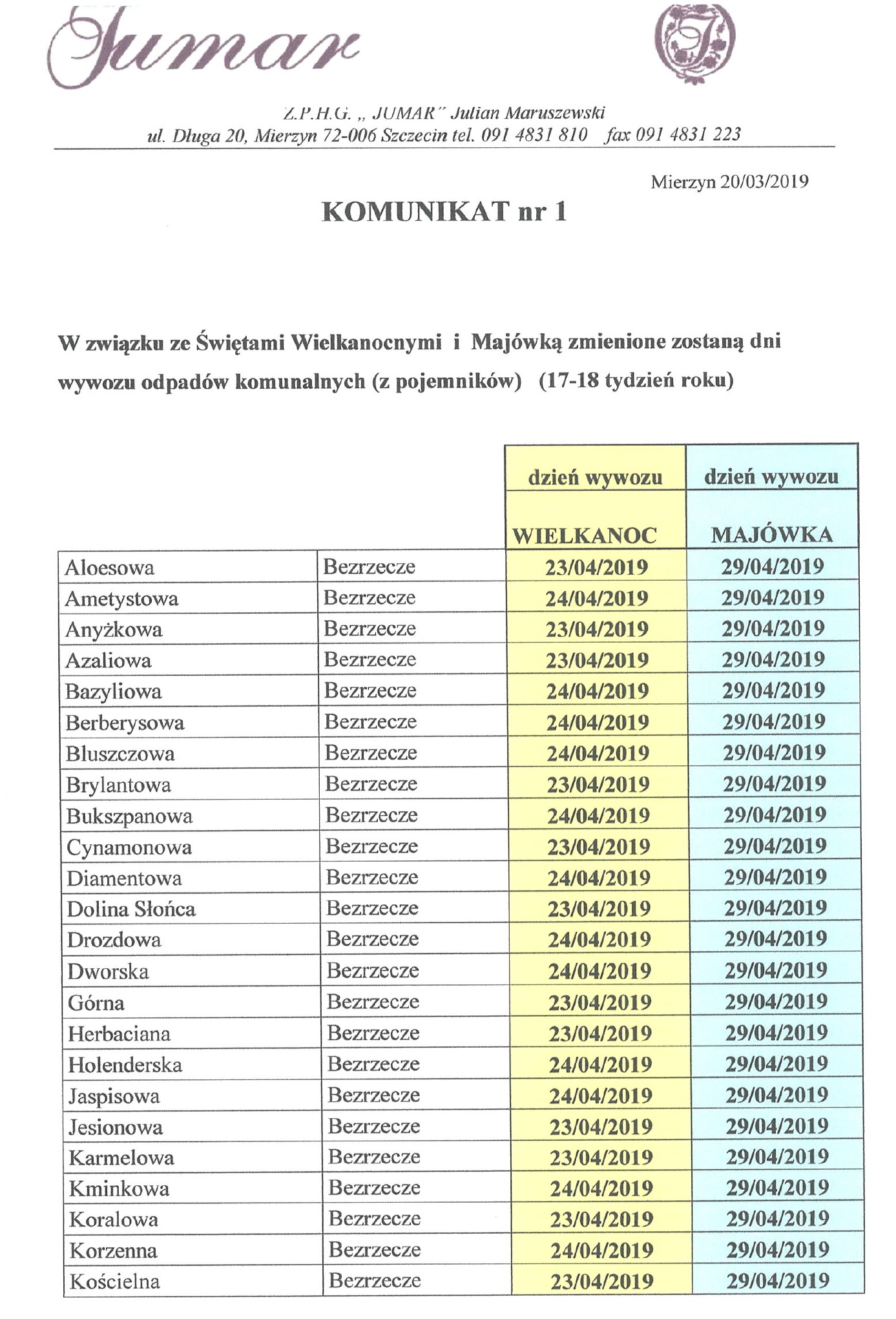Informacja o zmianie dni wywozu odpadów komunalnych
