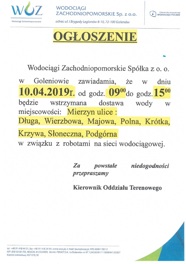 Wstrzymanie dostawy wody w Mierzynie w dniach 10 i 11 kwietnia 2019 r.