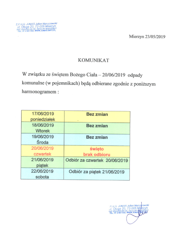 Wywóz odpadów komunalnych w związku ze świętem Bożego Ciała