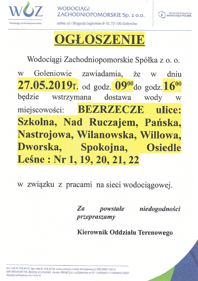 Wstrzymanie dostawy wody w Bezrzeczu w dniu 27.05.2019 r.