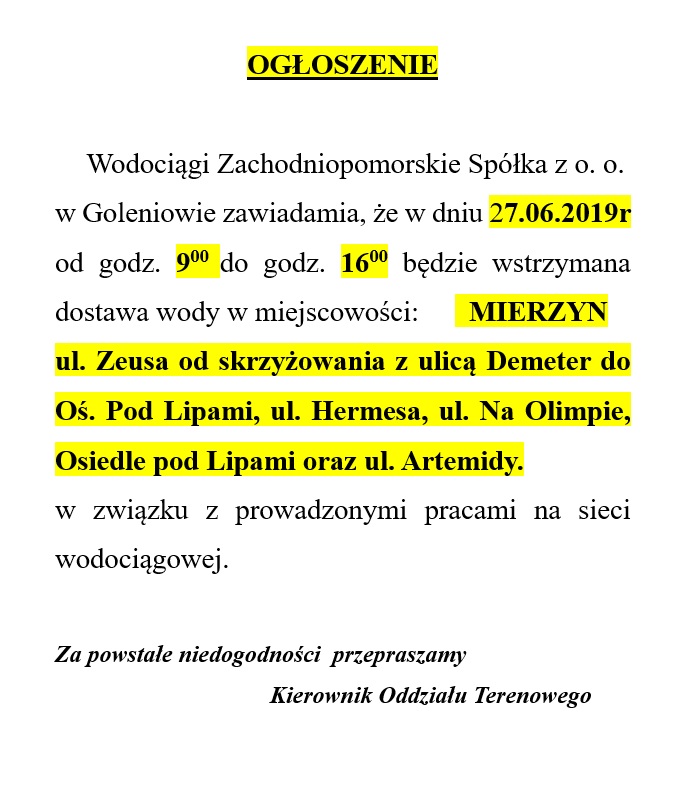 Wstrzymanie dostawy wody w Mierzynie w dniu 27.06.2019 r.
