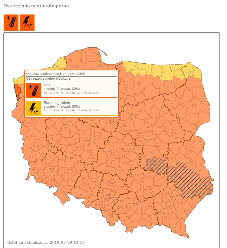 Ostrzeżenie przed upałem i burzami z gradem w dniu 29.07.2019 r.