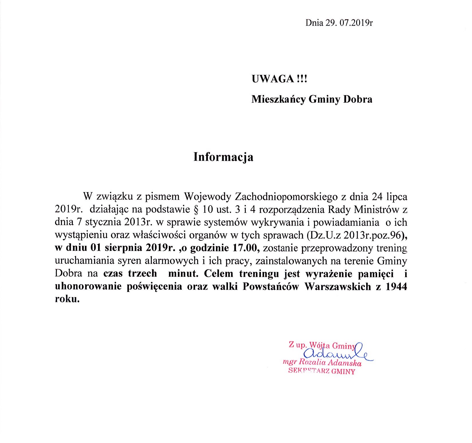 Trening uruchamiania syren alarmowych w dniu 1 sierpnia 2019 o godzinie 17:00 w celu uhonorowania poświęcenia oraz walki Powstańców Warszawskich z 1944 roku