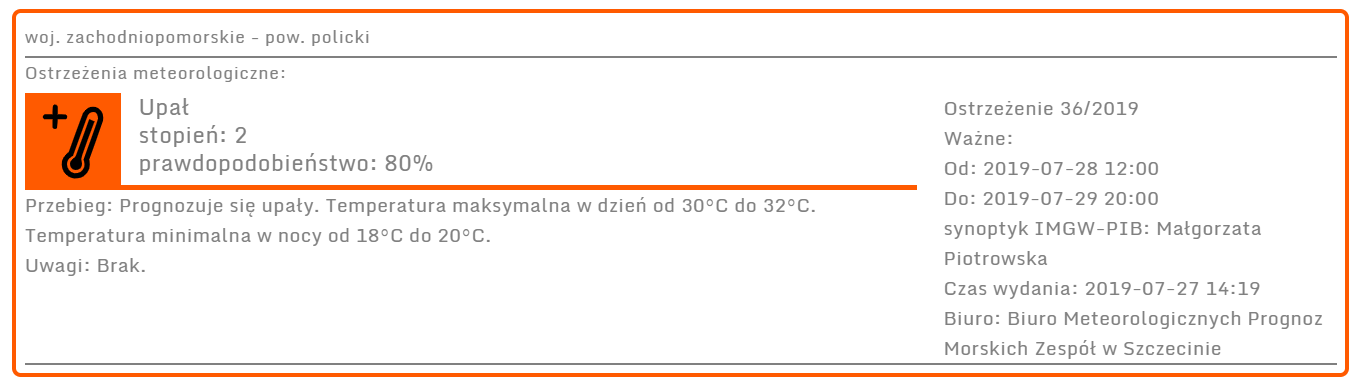 Ostrzeżenie meteorologiczne 2 stopnia z dnia 29.07.2019