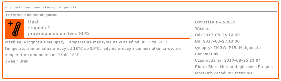 Ostrzeżenie meteorologiczne na dni 26.08 - 29.08.2019 r.