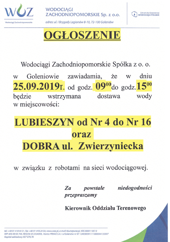 Wstrzymanie dostawy wody w Lubieszynie i Dobrej w dniu 25.09.2019 r.
