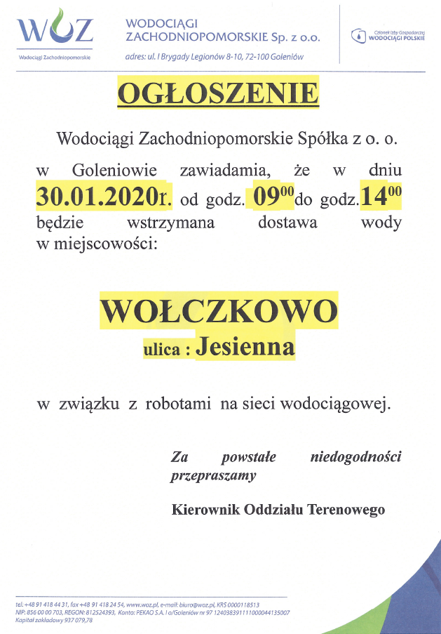 Wstrzymanie dostawy wody w Wołczkowie - 30.01.2020r.