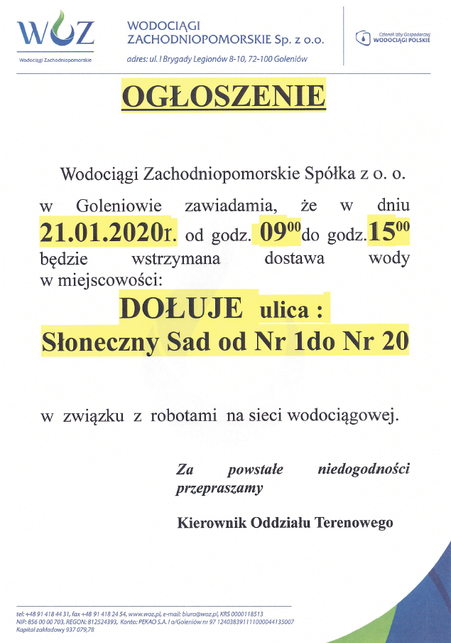 Wstrzymanie dostaw wody w Dołujach - 21.01.2020 r.
