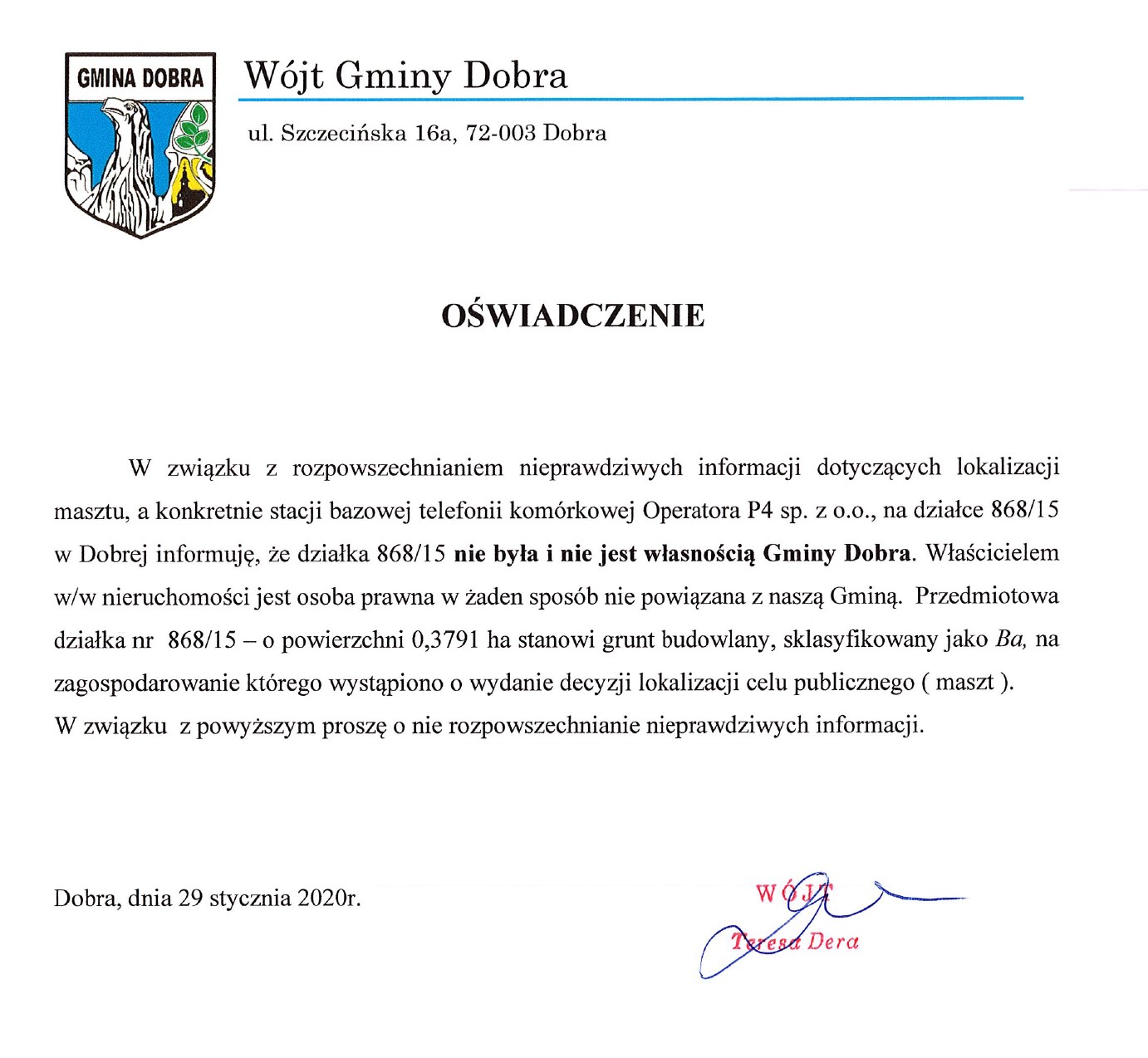 Oświadczenie Wójta Gminy Dobra