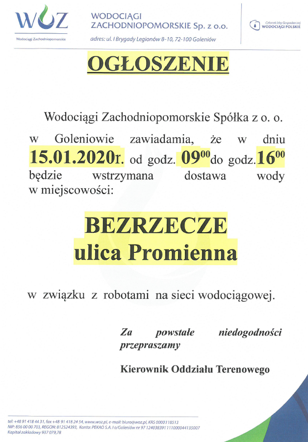 Wstrzymanie dostawy wody w Bezrzeczu - 15.01.2020