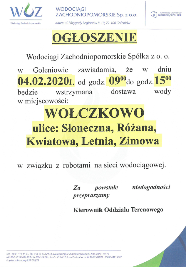 Wstrzymanie dostawy wody w Wołczkowie - 04.02.2020r.