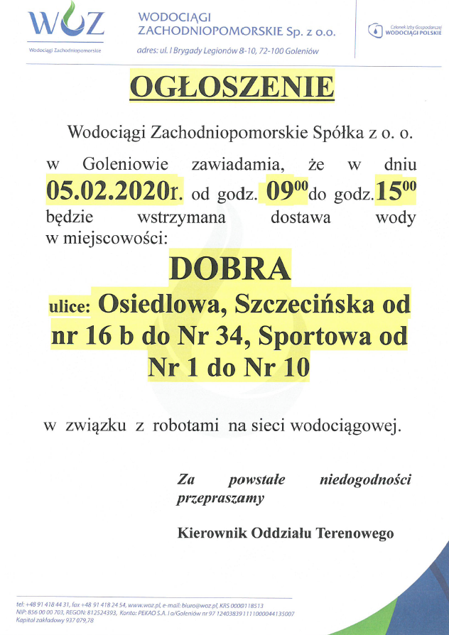 Wstrzymanie dostawy wody w Dobrej - 05.04.2020r.