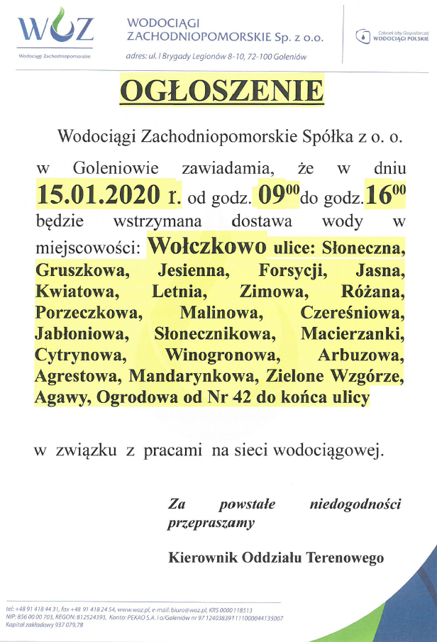 Wstrzymanie dostawy wody w Wołczkowie - 15.01.2020r.