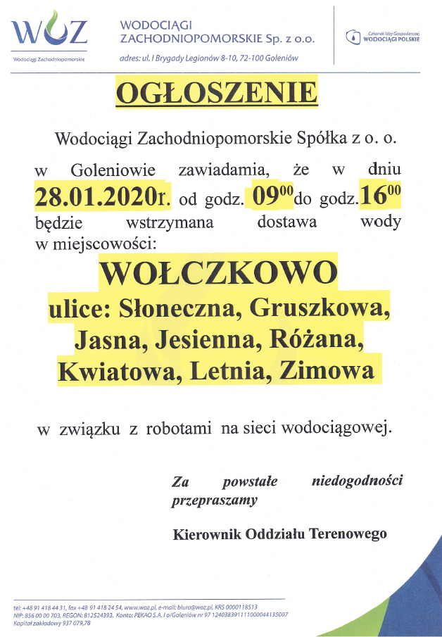 Wstrzymanie dostawy wody w Wołczkowie - 28.01.2020r.
