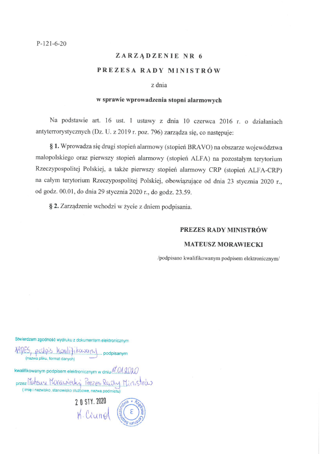 Zarządzenie Nr 6 Prezesa Rady Ministrów z dnia 17.01.2020 - w sprawie wprowadzenia stopni alarmowych