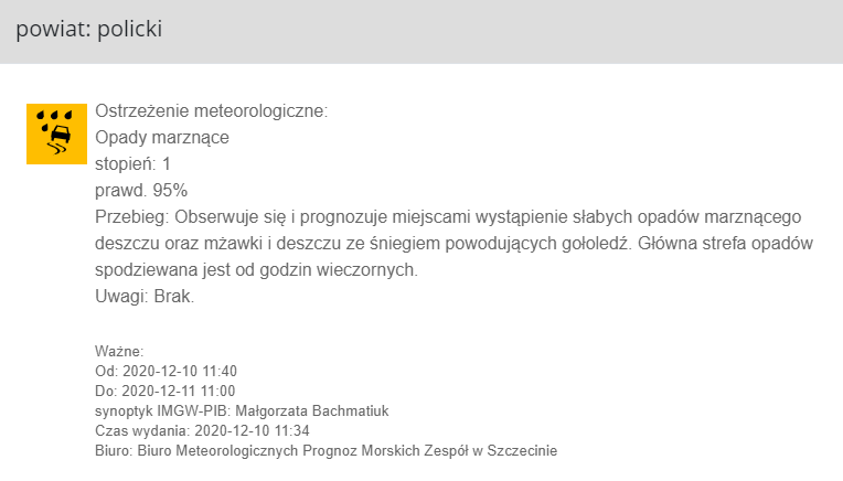 Ostrzeżenie meteorologiczne w dniu 10.12.2020