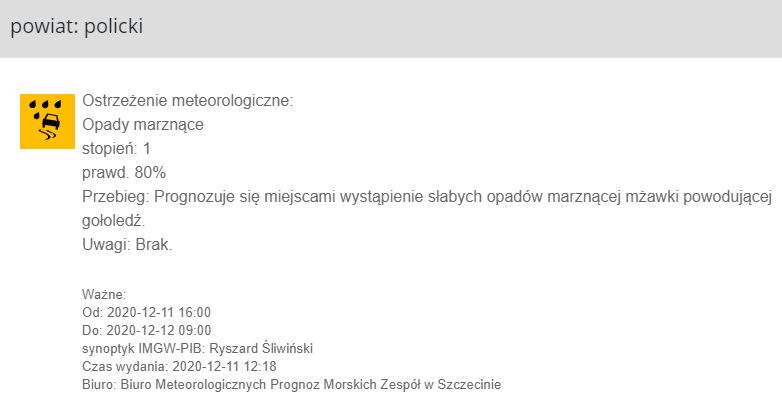 Ostrzeżenie meteorologiczne w dniu 11.12.2020
